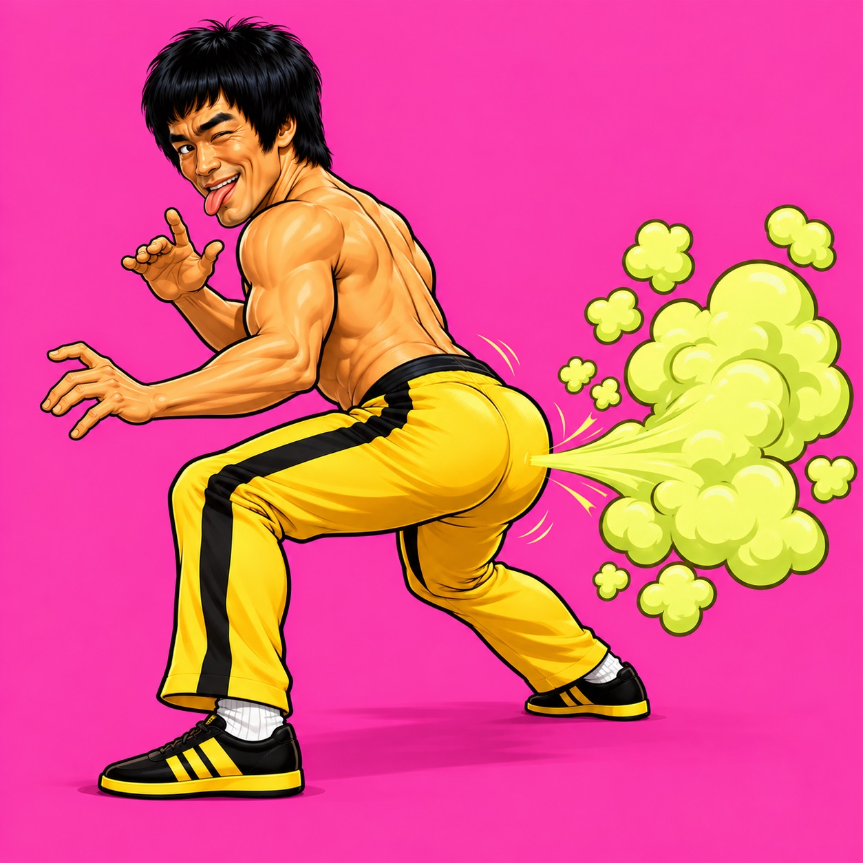 Cartoon kung fu master in a yellow tracksuit winking while unleashing a green cloud
