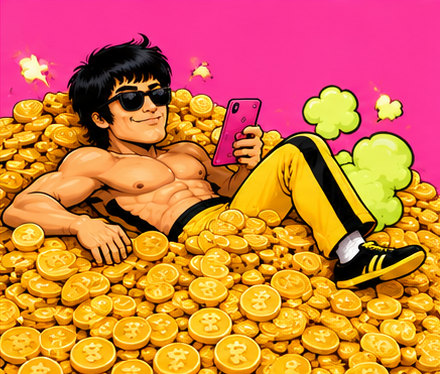 Lee in sunglasses lounging on a huge pile of gold coins, checking his phone