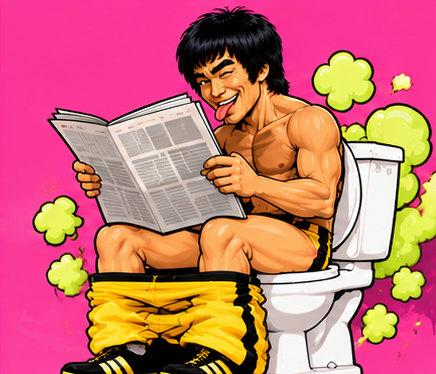 Lee sitting on the toilet reading a newspaper, sticking his tongue out